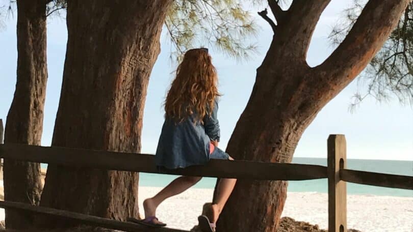 Imagem de uma moça sentada de costas em um cercado de frente para uma praia, do lado das árvores