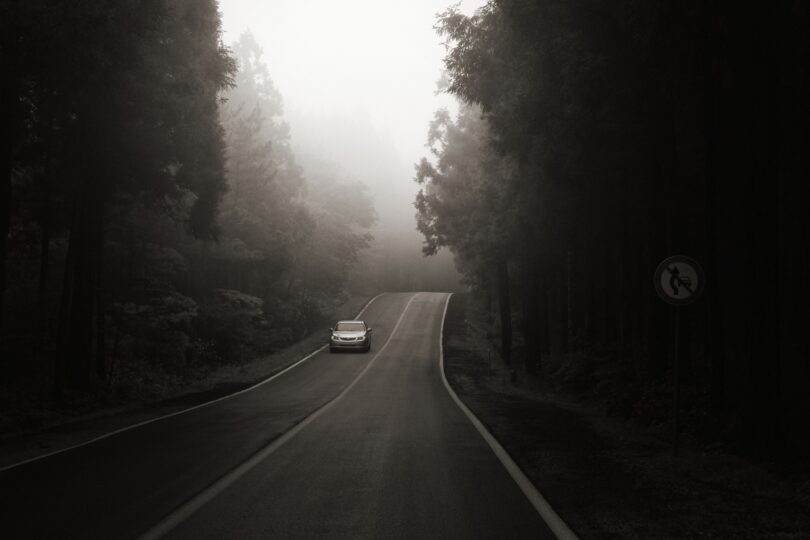 Imagem em preto e branco de um carro em uma estrada com árvores em volta.