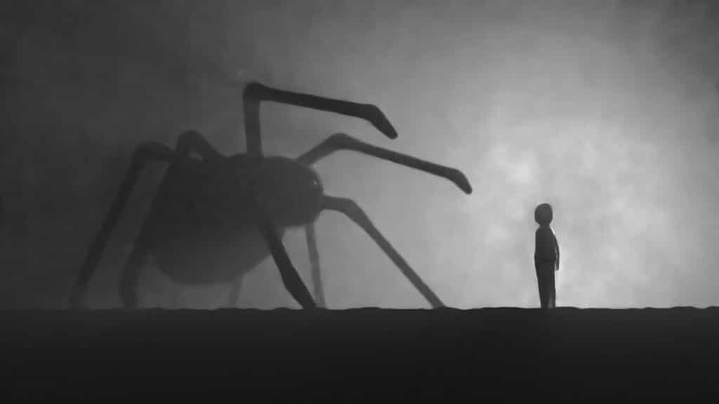 Silhueta de uma aranha gigante diante de uma criança pequena.