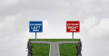 Placas indicando "esquerda" e "direita". Ambos os caminhos dão para um abismo