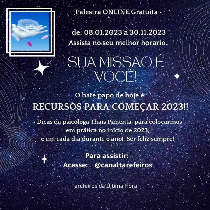 Banner com informações sobre a palestra "Recursos para começar 2023".