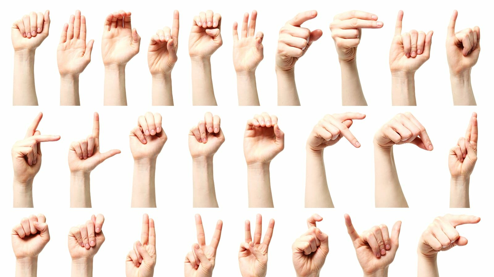 Sign language - a collage of the American sign language alphabet presented by a Caucasian young female hand.
