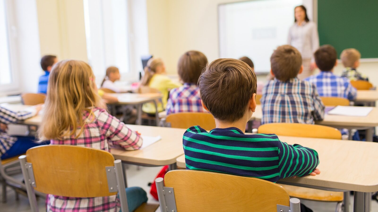 education, elementary school, learning and people concept - group of school kids sitting and listening to teacher in classroom from back