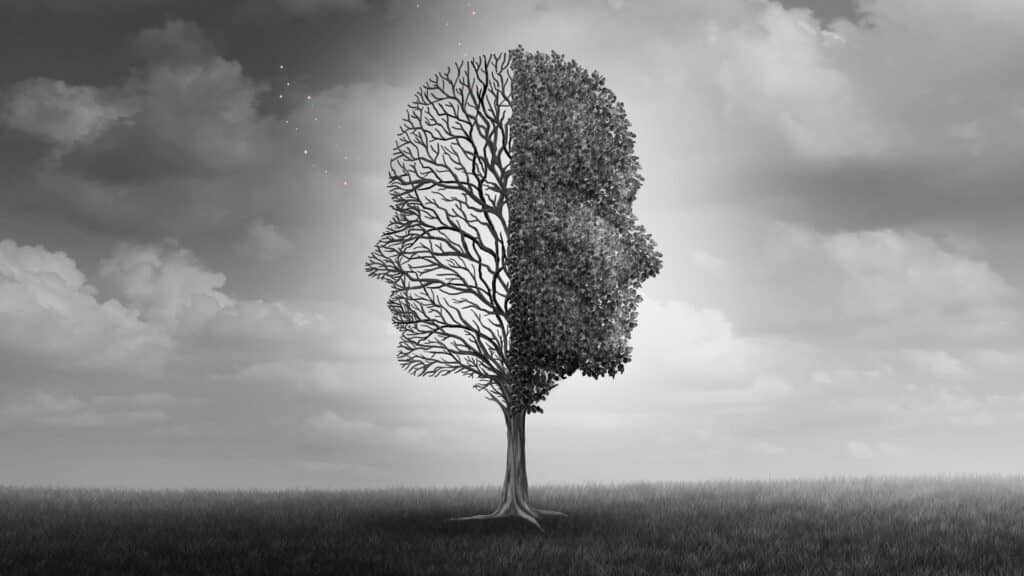 Imagem de uma árvore em formato de rosto com um lado seco e o outro com folhas, em preto e branco
