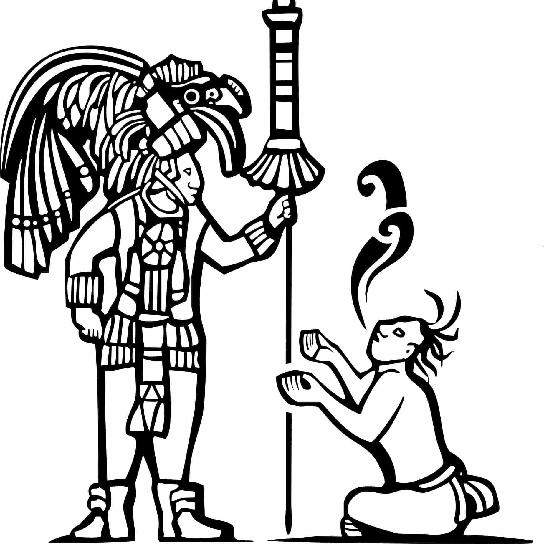 Traditional Black and White Mayan Mural image of a Mayan Warrior and a captive with speech scrolls.