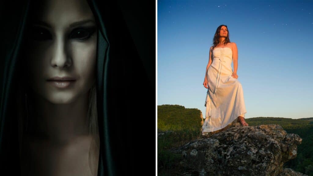Gride de duas imagens, de um lado uma mulher "demônio" do outro uma mulher "deusa"