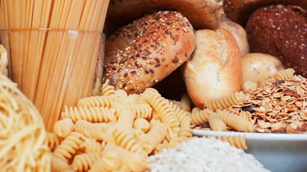 Imagem de diversos carboidratos: pão, macarrão, arroz, etc