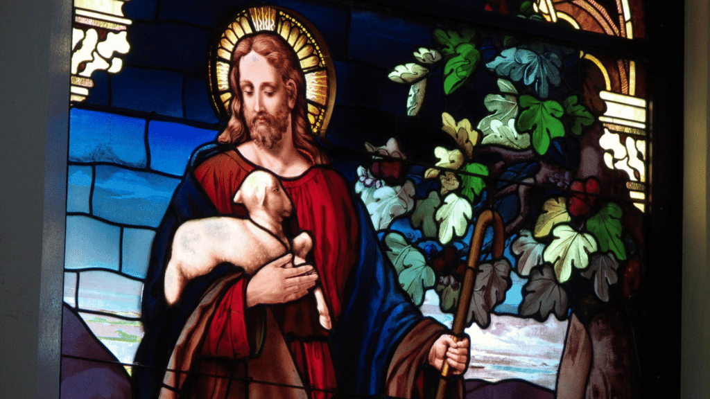 Vitral de Jesus Cristo segurando um cordeiro