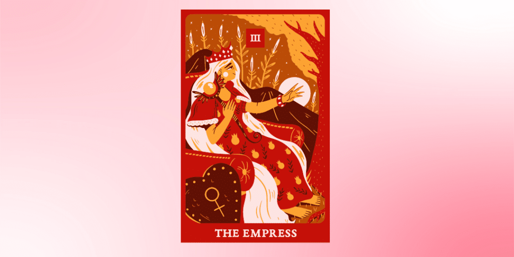 Ilustração da carta A Imperatriz do tarot, em tons associados ao vermelho, ao rosa e ao amarelo.