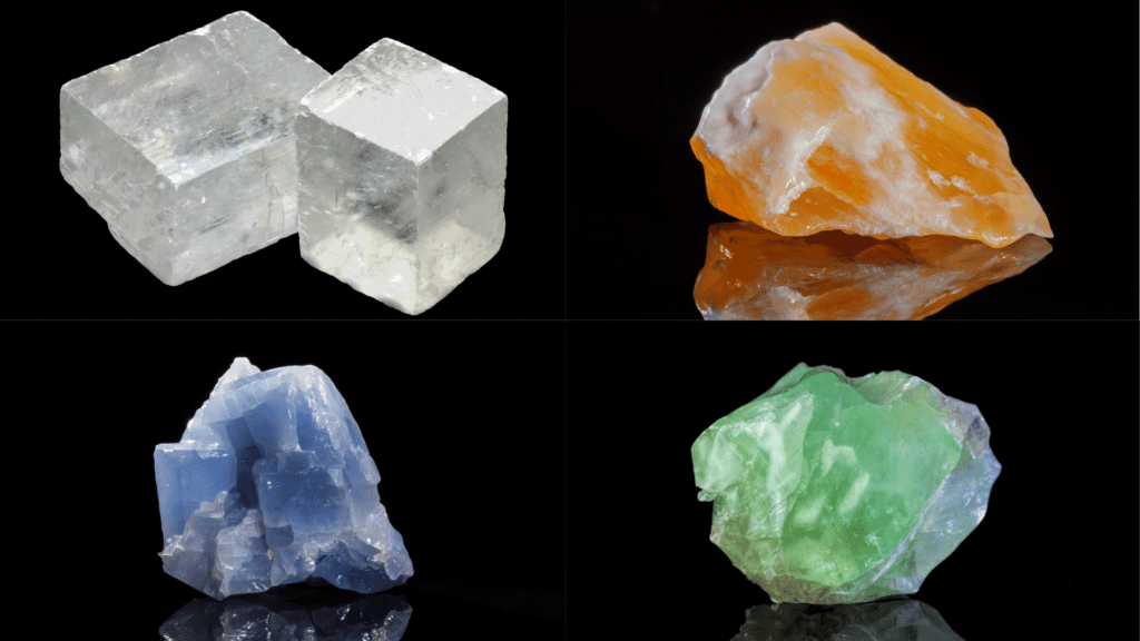 Montagem de calcita branca, calcita laranja, calcita azul e calcita verde.