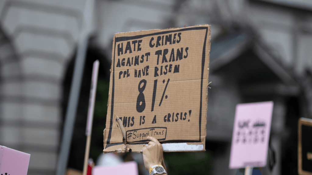 Imagem de uma pessoa segurando um placa protestando contra  a homofobia. Tradução em português: "Crimes de ódio contra pessoas trans cresceu 8%. Isso é uma crise! #ApoieTrans