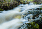 Imagem de uma corrente de rio em meio de pedras.