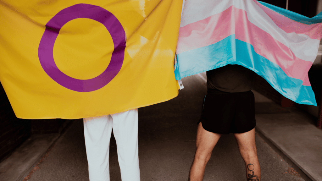 Duas pessoas segurando as bandeiras trans e intersexo nas costas. 