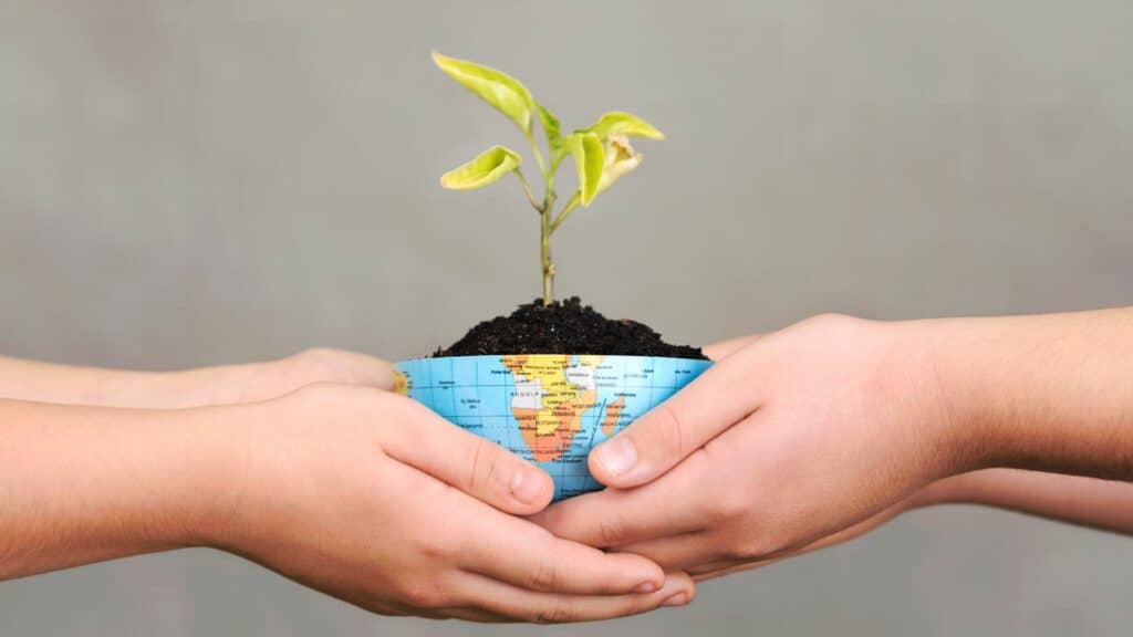 Mãos segurando planta em vaso do planeta Terra.