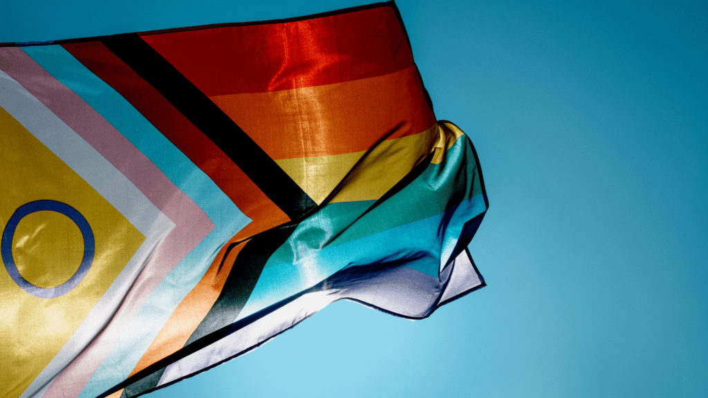 Bandeira Orgulho LGBTQIA+ inclusiva, com cores da bandeira intersexo, trans e luta antirracismo.