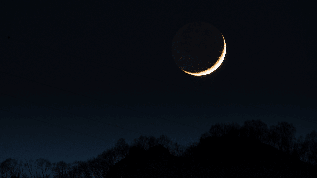 Imagem de lua crescente no céu com árvores no fundo. 