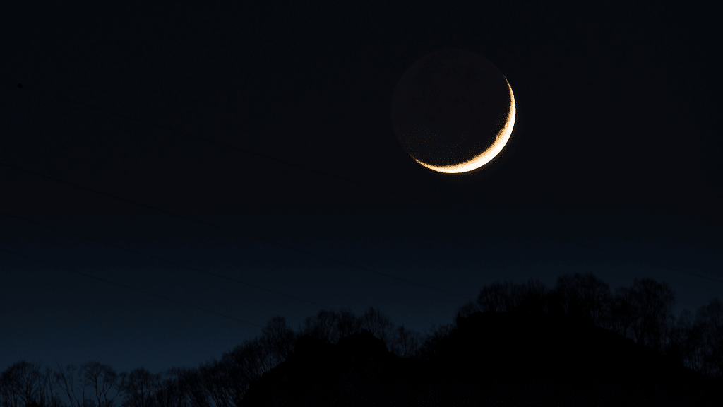 Imagem de lua crescente no céu com árvores no fundo.