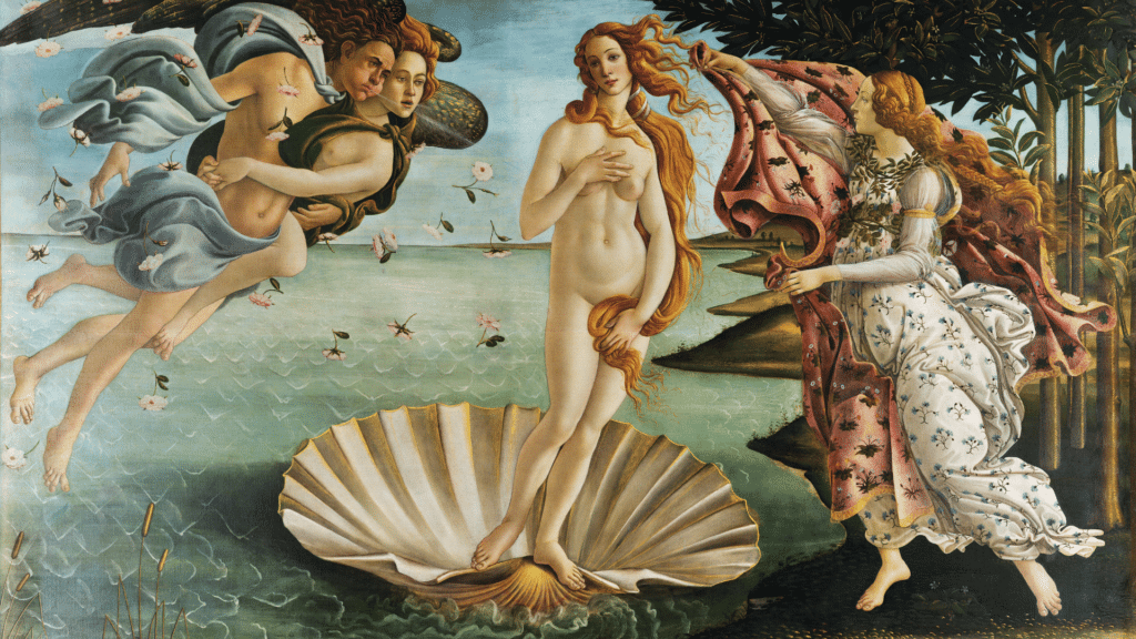 Pintura "O nascimento de Vênus". Imagem da Deusa Afrodite. 
