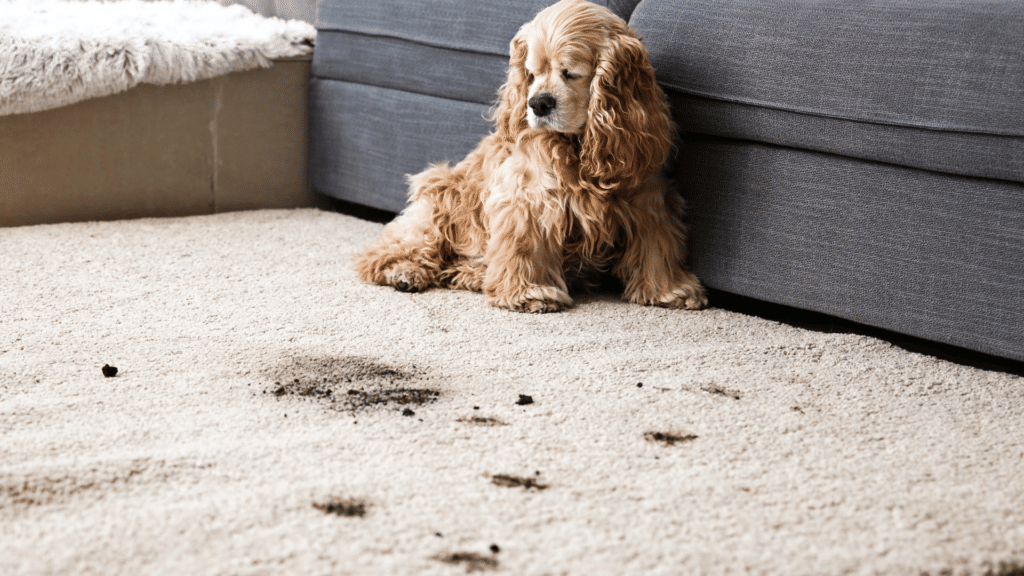 Imagem de um tapete sujo de lama com cachorrinho. 