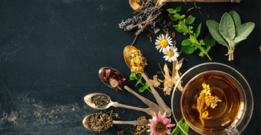 Xícara de chá com vários tipos de ervas de chá ao redor, em um fundo cinzento.