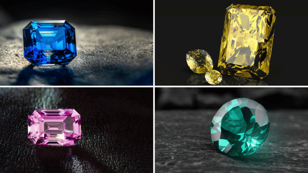 Montagem com pedras de safira azul, amarela, rosa e verde.