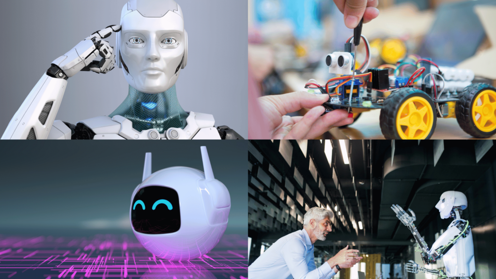 Robô, carrinho de brinquedo tecnológico, pássaro de inteligência artificial e humano conversando com robô.
