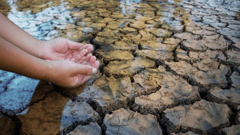 Mãos em formato de concha em rio com água. O nível de água do rio é baixo.