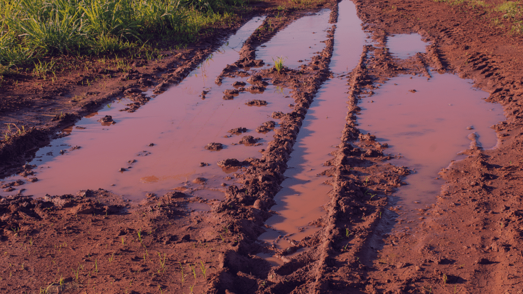Estrada com lama vermelha.