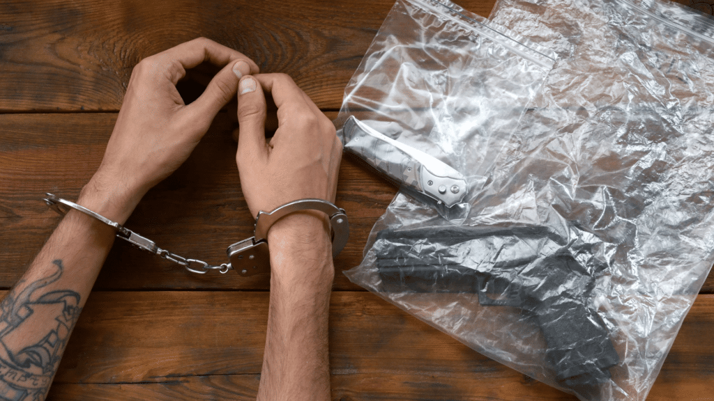 Pessoa presa. Mãos presas em algemas ao lado de provas de crime.