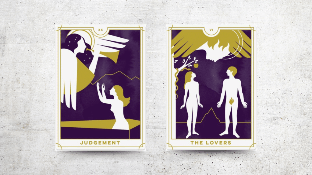 Duas cartas de tarot: O Julgamento e Os Enamorados