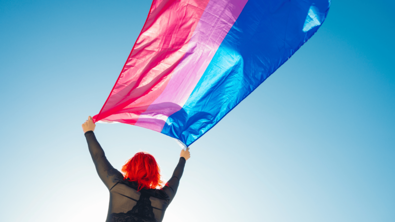 Pessoa segurando bandeira bissexual