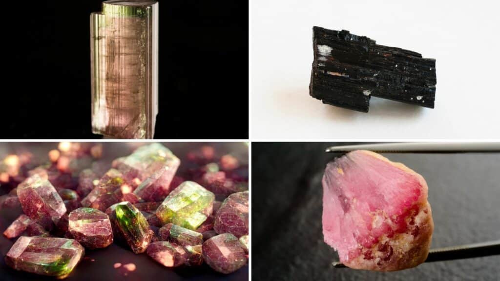 Pedras de turmalina marrom, preta, vermelha e rosa.