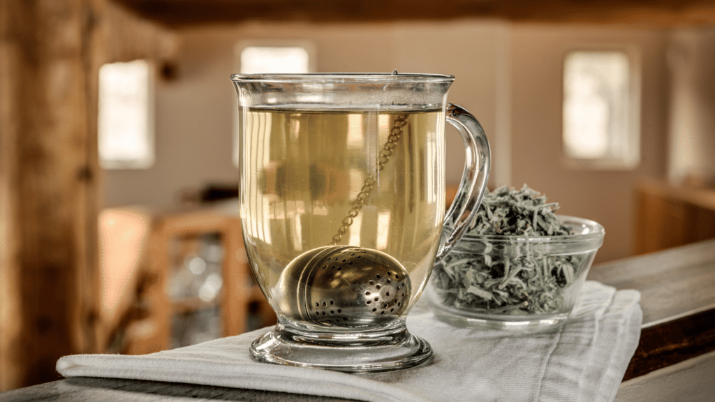 Chá de Artemísia em recipiente de vidro