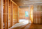 Dentro de uma casa em construção cheia de madeiras expostas