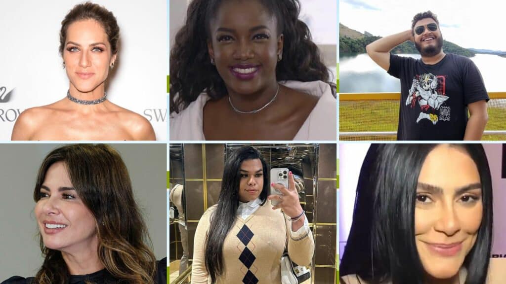 Artistas que são demissexuais. Montagem com Giovanna Ewbank, IZA, Victor Hugo Teixeira, Luciana Gimenez, Lady Chokey e Cleo.