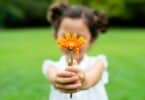 Garotinha segurando uma flor laranja nas mãos. Ela está sobre um ambiente verde, com árvores e grama. O fundo está embaçado (efeito da foto).