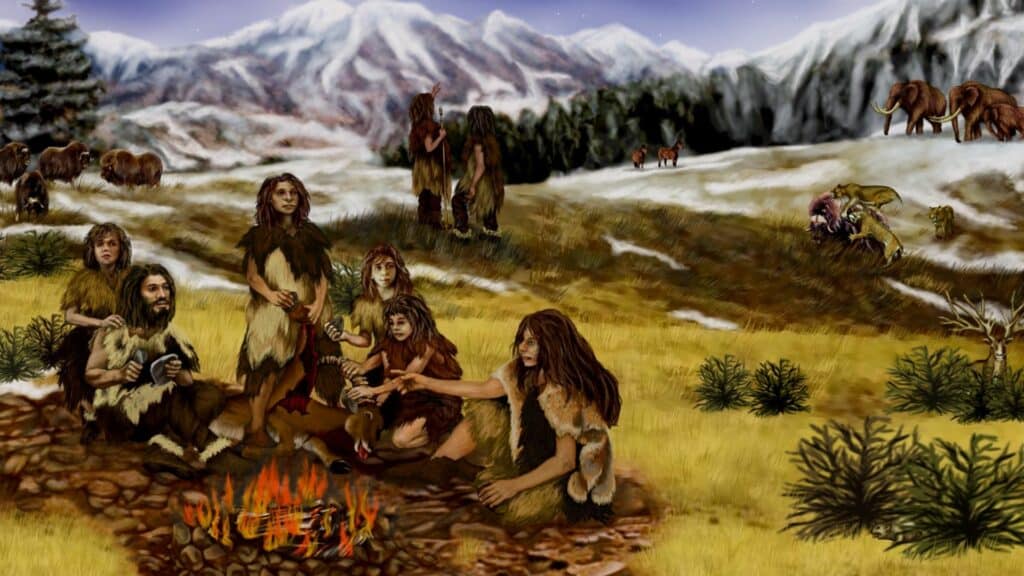 Desenho com um grupo de homens neandertais em volta de uma fogueira. Ao fundo, estão montanhas e um ambiente verde, com a presença de animais. 