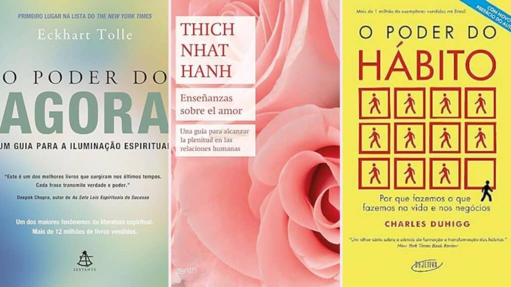 Montagem com livros "O poder do agora", "Plenitude" e "O poder do hábito".