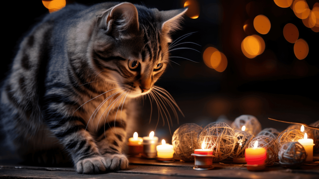 Gato com velas e decoração de Natal