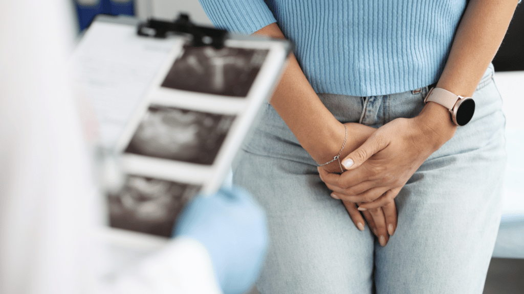Mulher com problemas uterinos em uma consulta ginecológica. Ginecologista analisa seu exame. 
