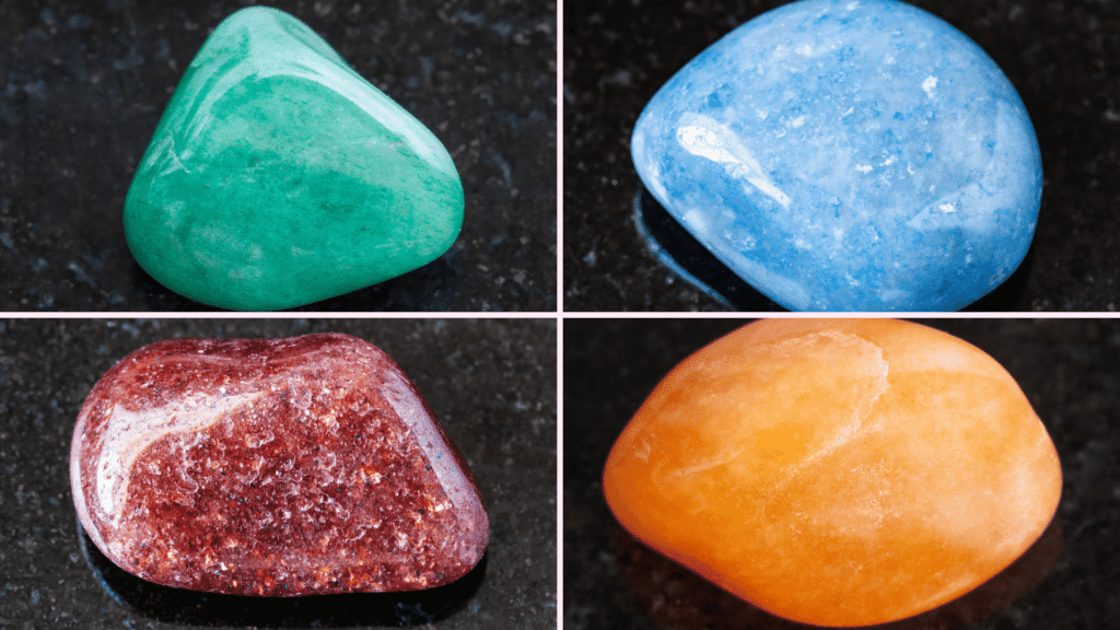 Pedra aventurina em diversas cores: verde, azul, vermelho e amarelo. 