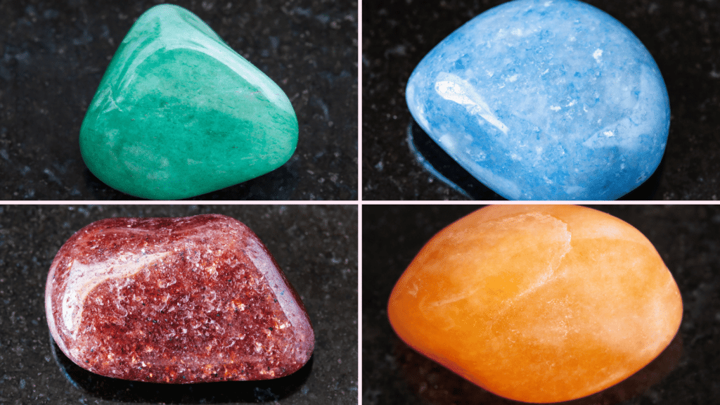 Pedra aventurina em diversas cores: verde, azul, vermelho e amarelo.