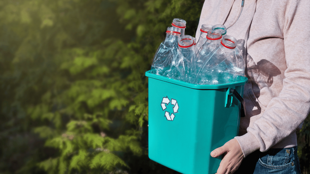 Pessoa carregando caixa, cheia de garrafas de plástico para reciclagem. 