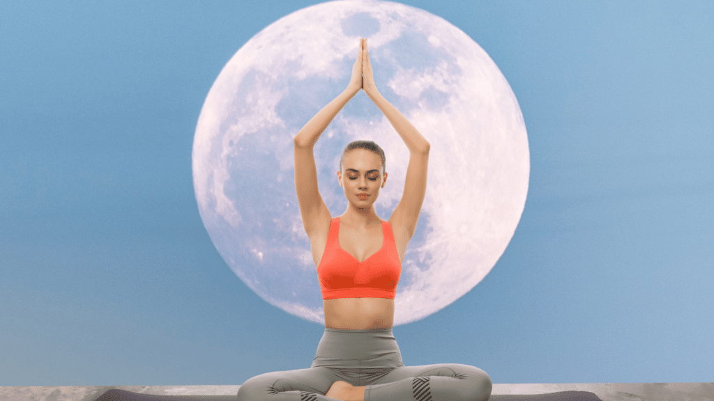 Mulher meditando, no fundo de lua cheia.