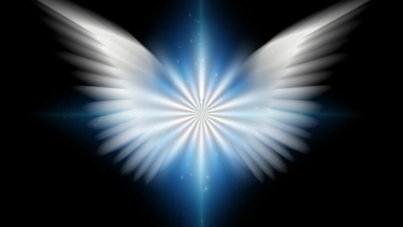 Imagem de fundo preto e em destaque as asas de um anjo em efeito 3D