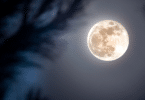 Lua cheia em céu azul escuro.