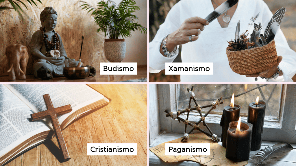 Práticas espirituais ao redor do mundo: Budismo, Xamanismo, Cristianismo e Paganismo.