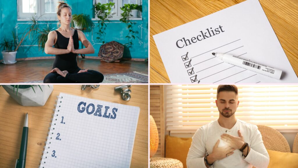 Montagem com pessoas meditando e listas de objetivos e metas. 