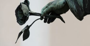 Imagem da escultura da mão de um anjo segurando uma rosa, trazendo o conceito de morte.