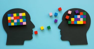 Imagem de fundo azul e em destaque duas cabeças com cubos coloridos como símbolo de mentoria e psicoterapia.
